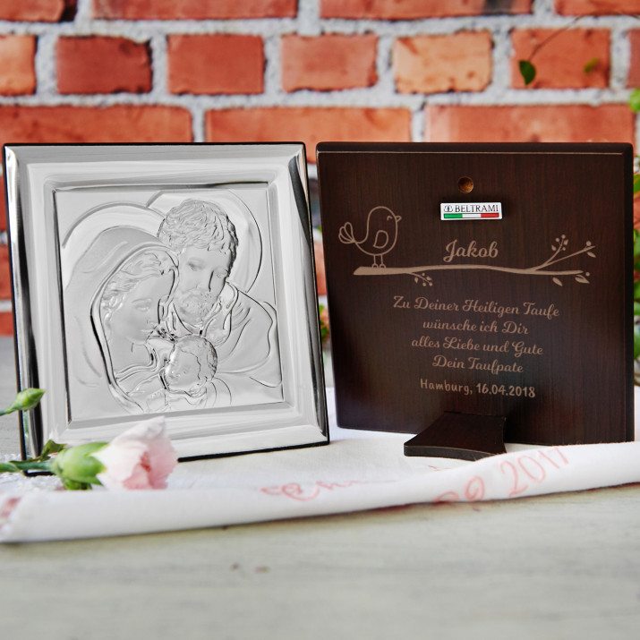 Heilige Taufe - Hl. Familie - Quadrat -Silbernes Bild mit Gravur